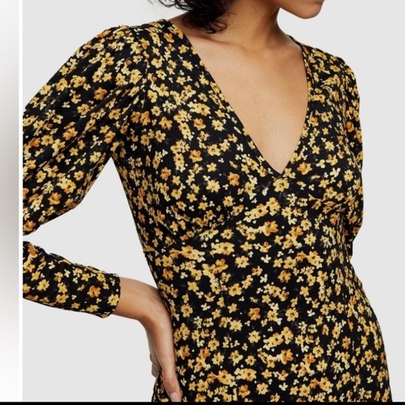 TOPSHOP V-Neck Floral Textured Midi Dress Long Sleeve Sun Dress Slits Puff NWT - Picture 3 of 13